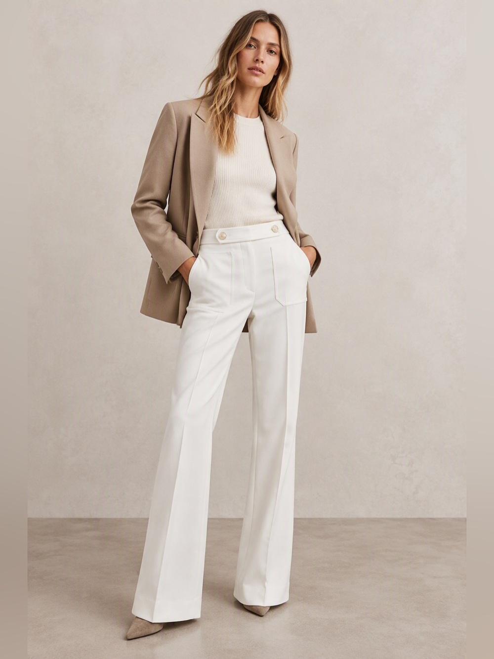 Reiss White Lily Twill Button-Tab Flared
Trousers Wool Blend Size 8